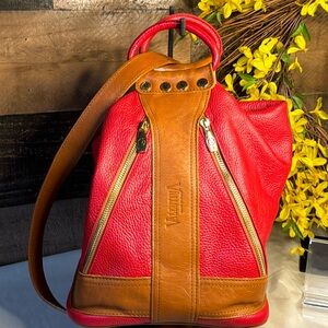 Valentina Purse Red & Tan Leather Convertible Sling Backpack Bucket Bag